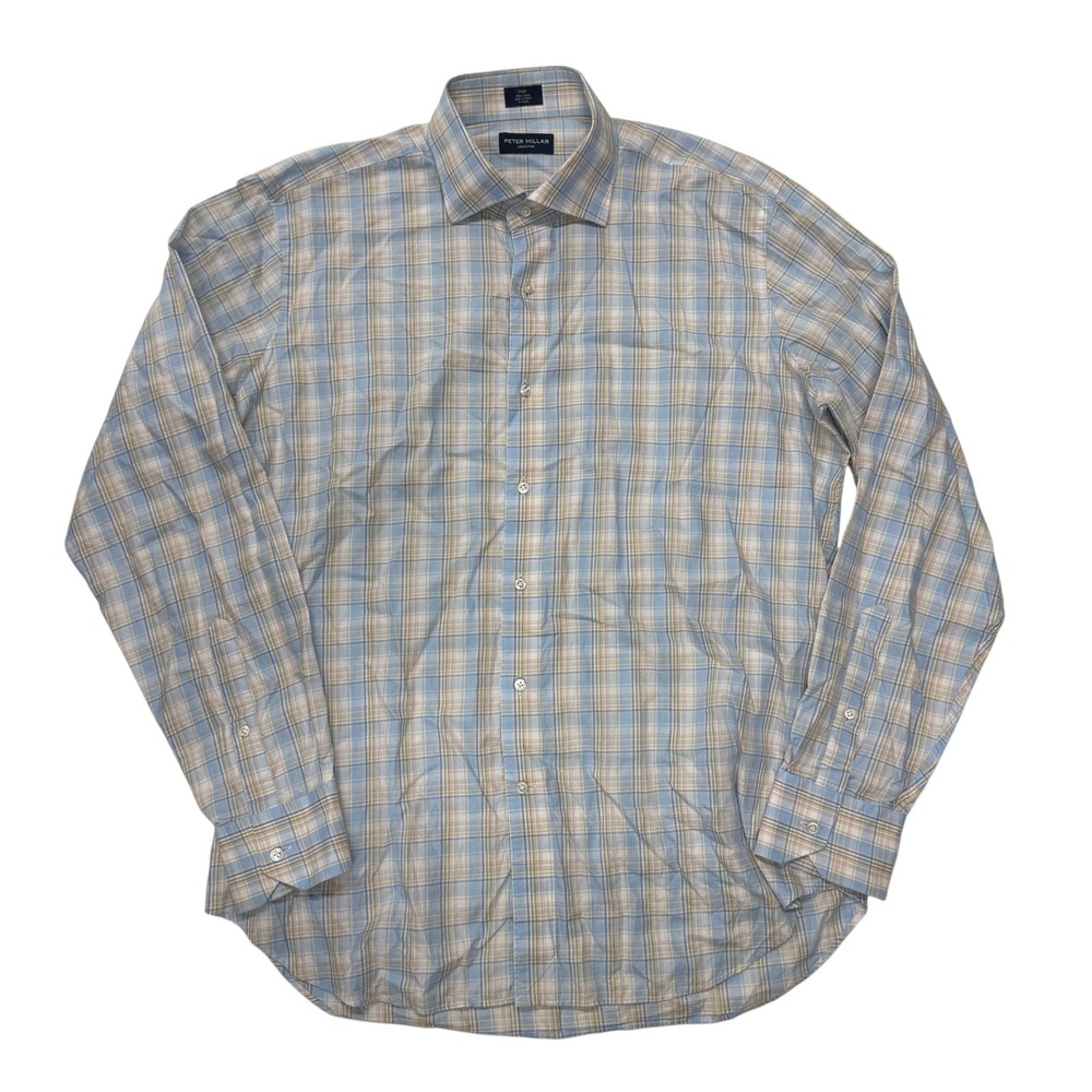Peter Millar Collection Button Up Shirt Mens Large Blue Tan Plaid Long Sleeve